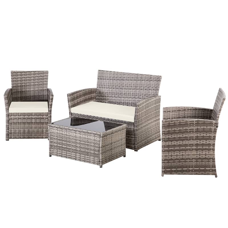 4-Piece Wicker Outdoor Sofa Set, 1 Loveseats, 2 Single Sofas, 1 Table