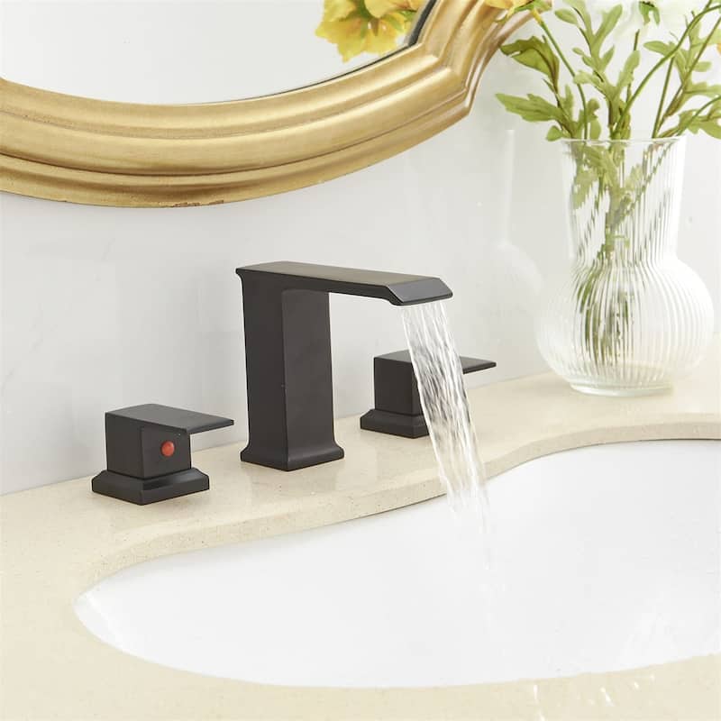 Waterfall Widespread Bathroom Faucet With Drain Assembly 3 Hole Bathroom Sink Faucets Double Handle 8 Inch Basin Vanity Taps