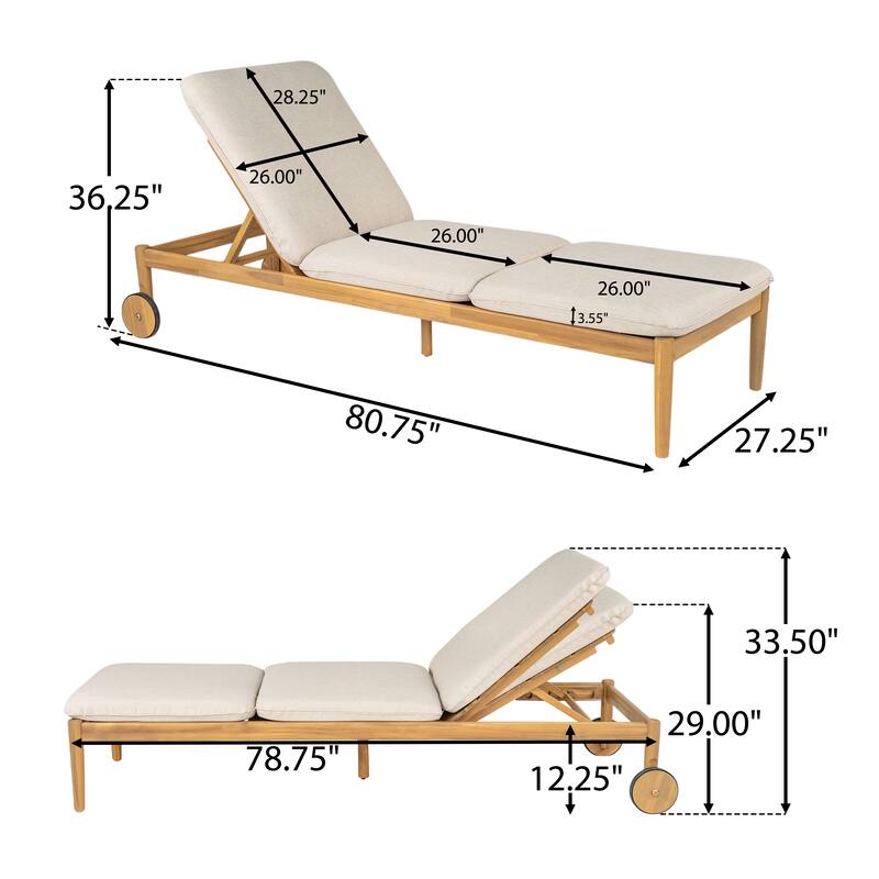 Roomfitters Riviera Outdoor Acacia Wood Chaise Lounge with Wheels and Cushion, Teak Finish Set of 2