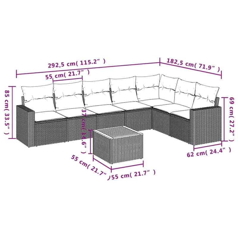 vidaXL Patio Sofa Set with Cushions Outdoor Furniture 8 Piece Poly Rattan - 25.8 x 24.4 x 27.2