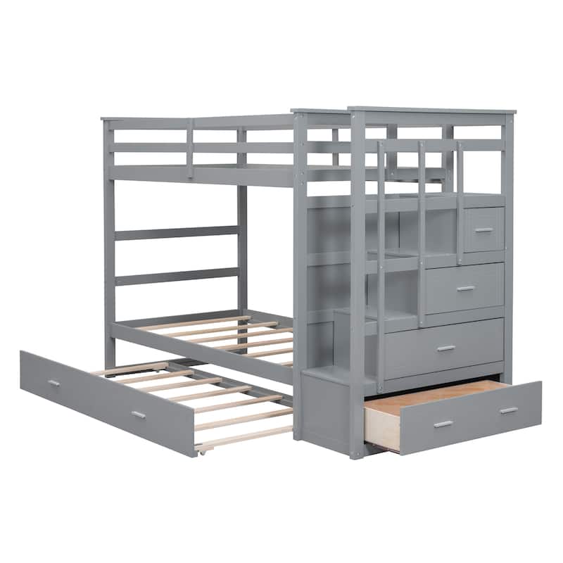 Twin Over Twin Bunk Bed with Trundle and Staircase,Espresso(OLD SKU:LT000068AAP)