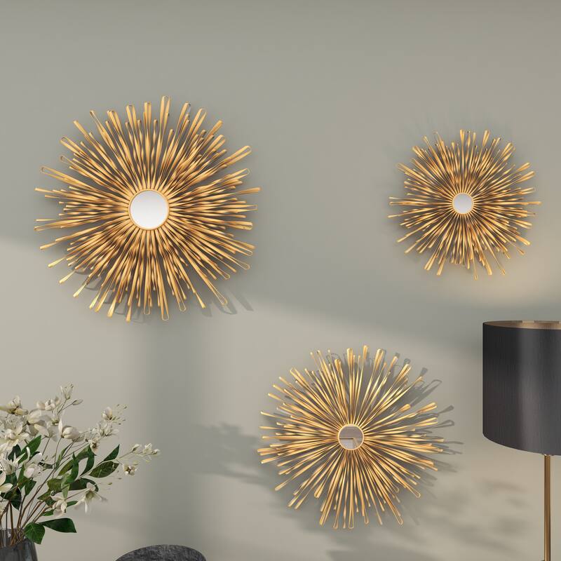 Metal 3D Looped Sunburst Wall Decor with Mirrored Center (Set of 3) - Silver or Gold