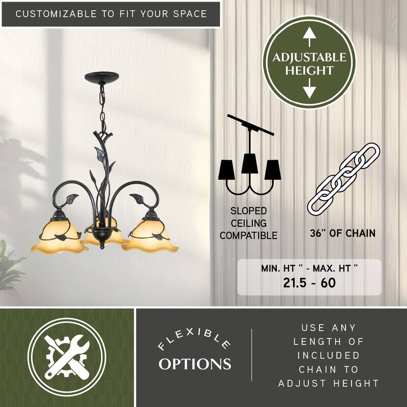 Vine 3 Light Black Rustic Chandelier - 22-in W x 17.5-in H x 22-in D