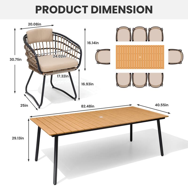 7-Piece Set Outdoor Patio Aluminum Dining Table and PE Rattan Wicker Dining Chairs