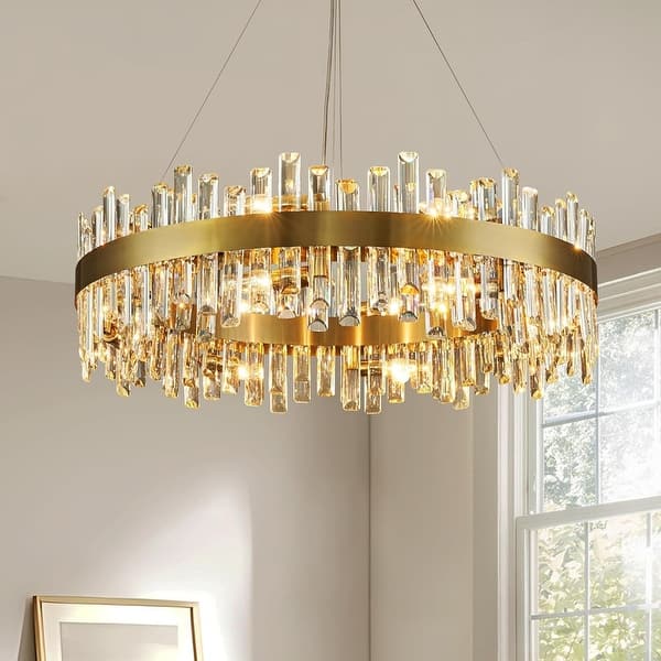 slide 2 of 9, 32 in. Brass Modern Crystal Chandelier 2-Tier Gold Glam Chandelier Luxury Kitchen Island Pendant Light for Living Dining Room Brass Chandelier