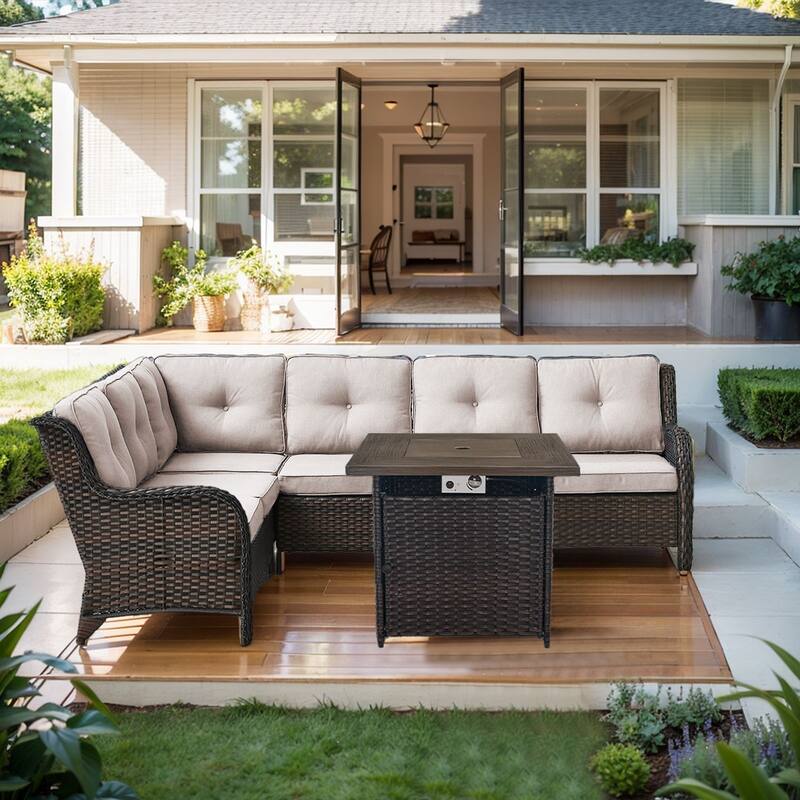 Outdoor Patio Sectional Sofa Couch with Fire Pit Table - Brown - Brown - Beige