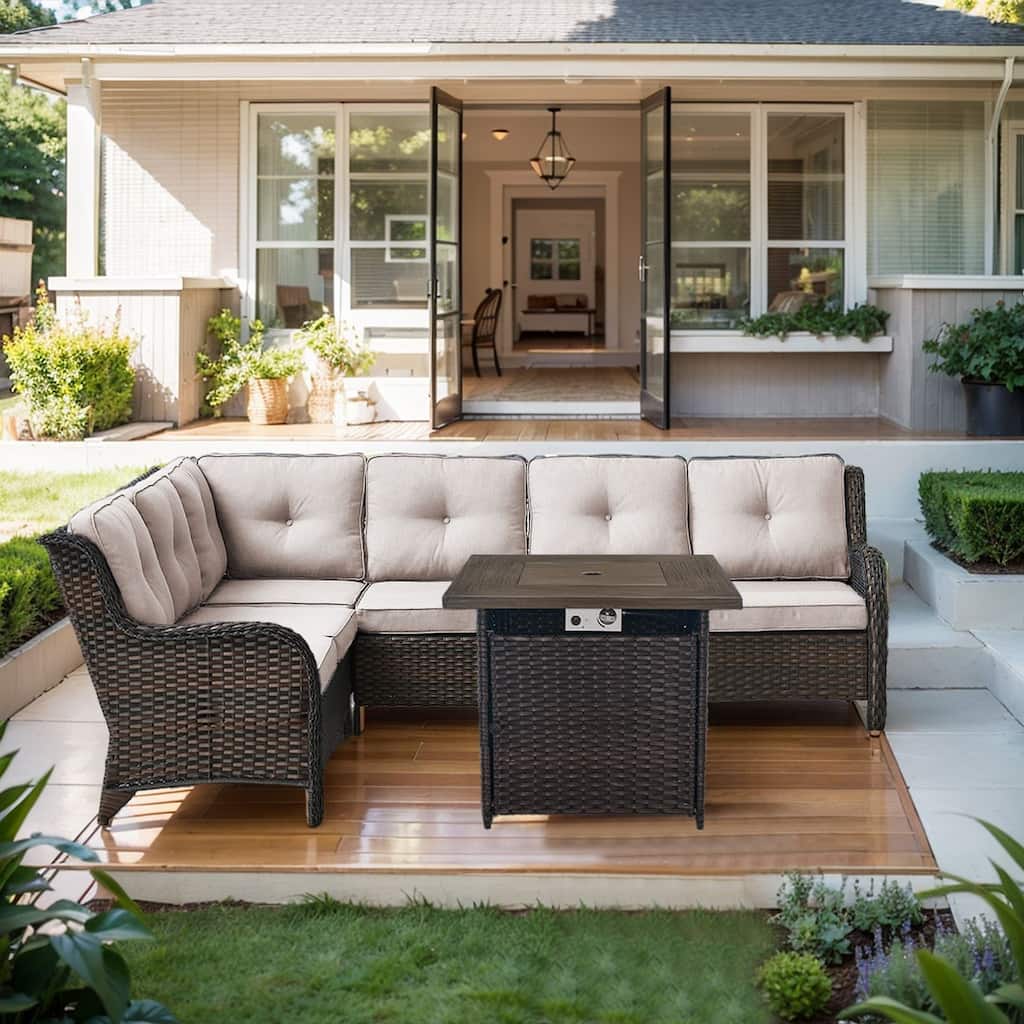 Outdoor Patio Sectional Sofa Couch with Fire Pit Table - Brown