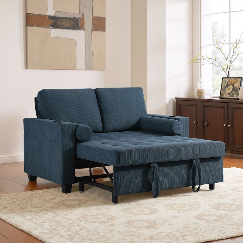 Corduroy Convertible Loveseat Sofa Bed Recliner with Cup Holder, USB Ports & Storage