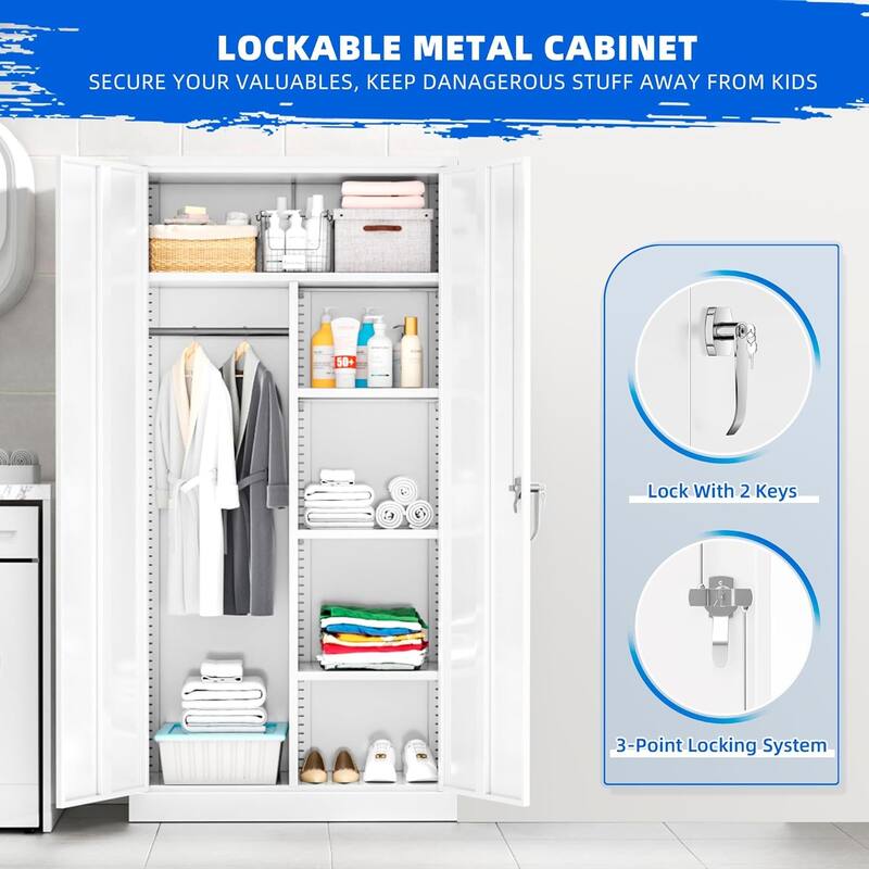 72" Lockable Metal Wardrobe Armoire Closest Storage Cabinet with Adjustable Shelves and Hanging Rod