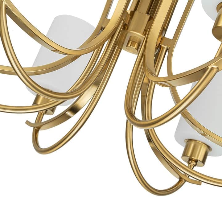 Mid-century Brass 6-Light Cylinder Milk Glass Chandelier