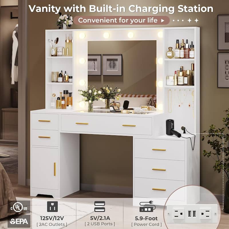 Vanity Desk Mirror Power Outlet 4 Shelves 6 Drawers Glass Tabletop