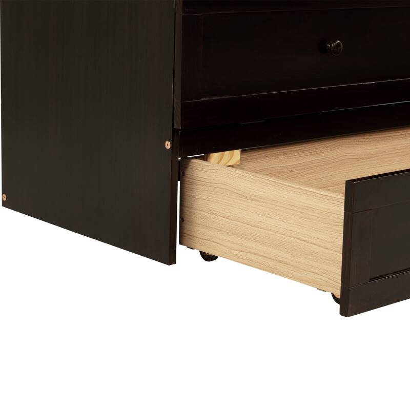 Queen Size Wood Murphy Bed with Rattan Decoration Panel and Drawer