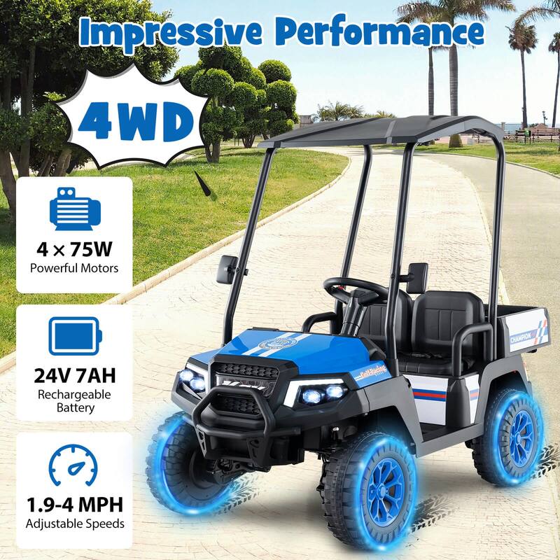 Kids Ride On Golf Cart with Remote 24V Rechargeable Battery USB Music and Sun Awning - 53.5" × 28" × 45" (L x W x H)
