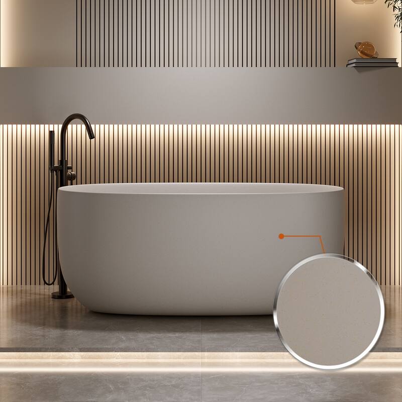 Solid Surface Freestanding Soaking Bathtub with Center Drain and Pop-up Drain, Modern Tubs with Overflow