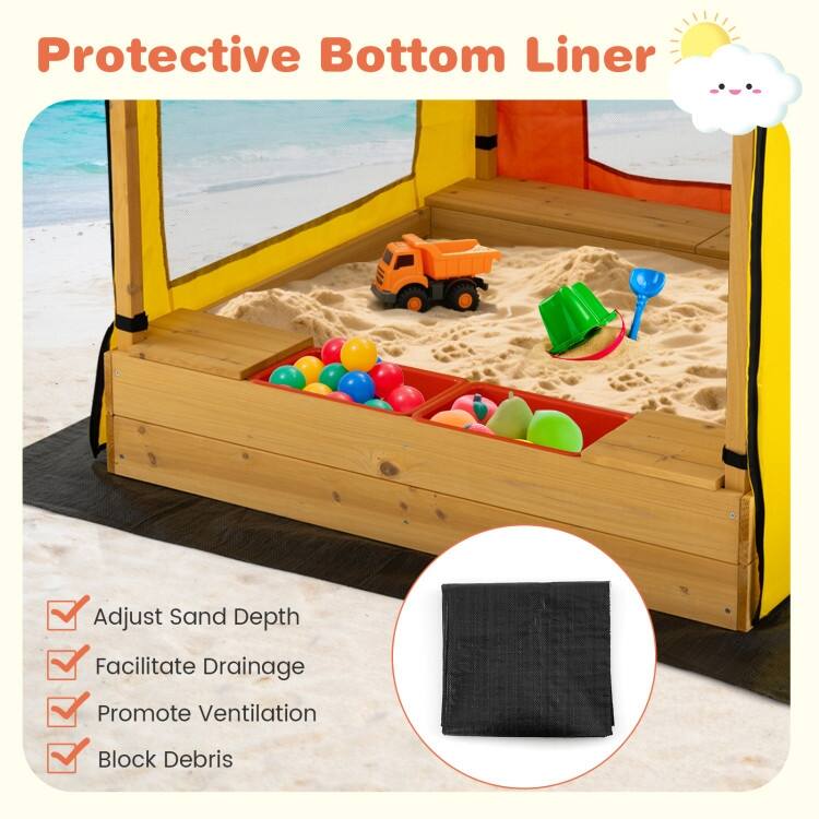 Multicolor PE Wood Kids Sandbox with Canopy, Storage Benches and Ventilated Design - 43.5" x 43.5" x 61" (L x W x H)