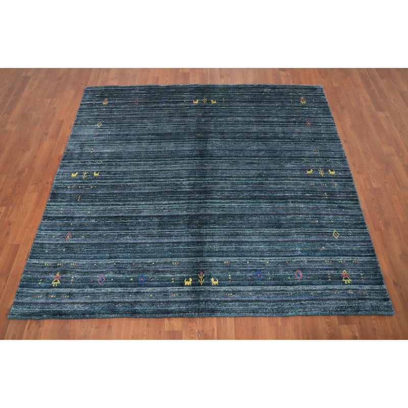 Hand Knotted Oriental Viscose Silk Carpet Tribal Animal Pictorial Navy Blue & Blues Gabbeh Area Rug - 5' 9'' X 6' 3''