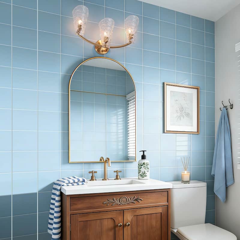 Fenro Modern 3-Light Luxury Brass Bathroom Vanity Light Textured Glass Wall Sconce