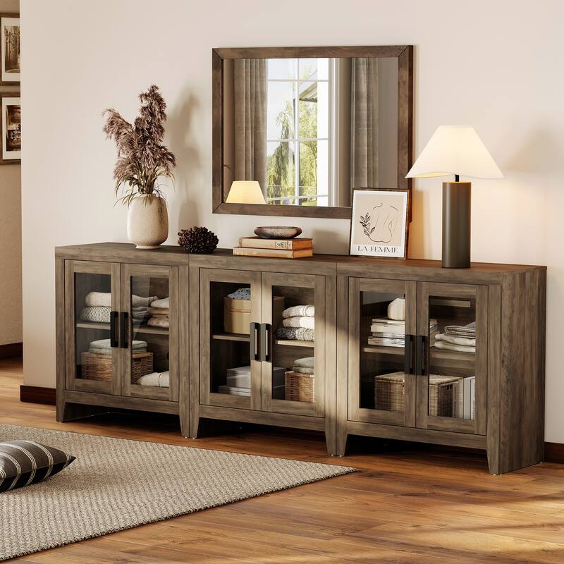 WAMPAT Modern Farmhouse TV Stand, Entertainment Center with Tempered Glass Doors & Adjustable Shelves