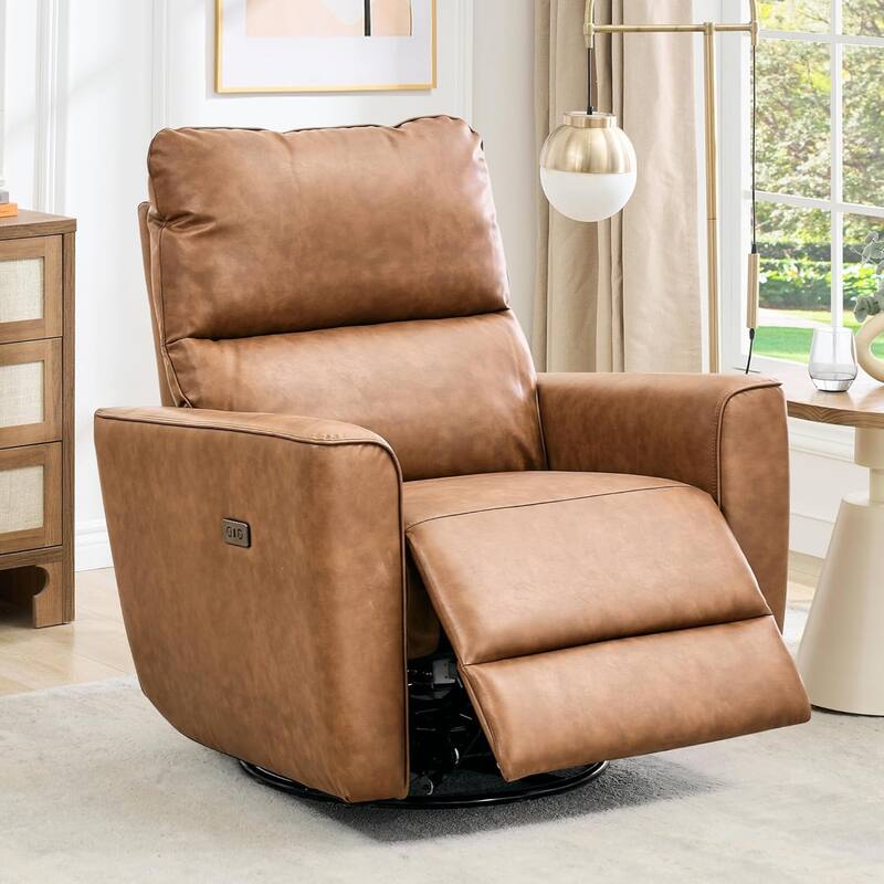 Power Recliner Swivel Chair Rockery Glider PU Leather Nursery Chair with USB Port - Brown
