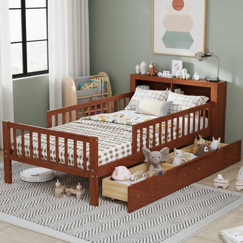 Twin Size Bed with Headboard Storage Rack by Harper&Bright Designs - Walnut