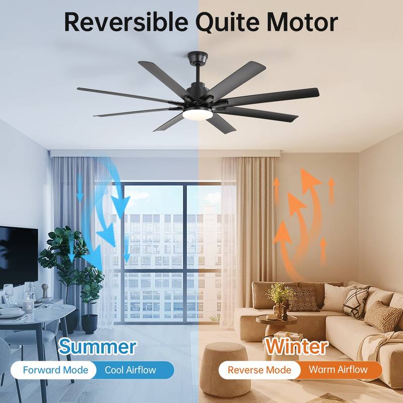 52 Inch/66 Inch/72 Inch Modern Ceiling Fan with Dimmable LED Light ,Remote&APP Control,8 Blades for Large Living Room,Porch