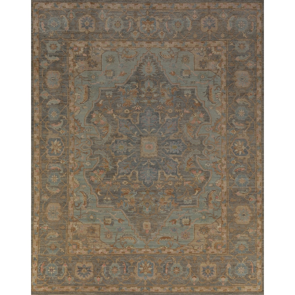 Hand Knotted Oriental 100% Wool Carpet Transitional Medallion Navy Blue & Blues Oushak Area Rug - 9' 9'' X 8' 3''