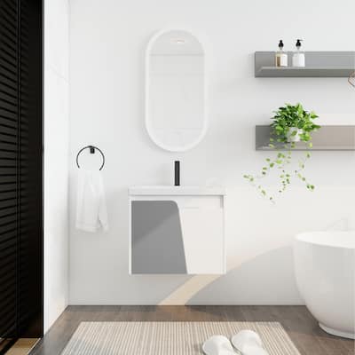 24 Inch Wall Mounted Bathroom Vanity Ceramic Basin With Sink,Hidden Metal Handles,For Small Bathroom