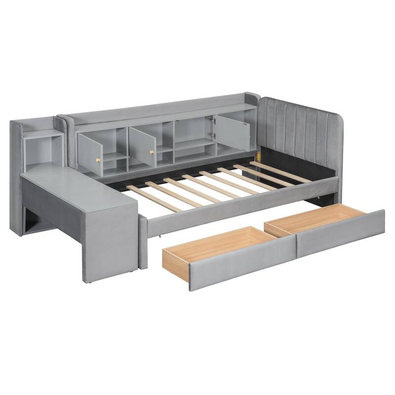 Twin Size Upholstered Daybed with Drawers, Shelves, Flip Cabinets & Side Table, Beige