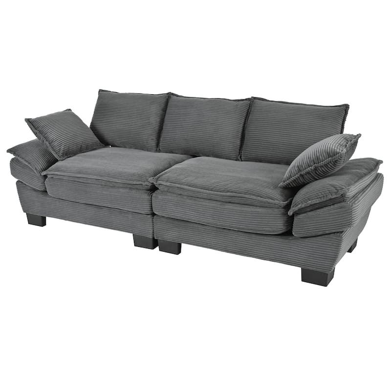 85.4" Modern Curved Sofa, Back Upholstered Couch with 2 Decorative Throw Pillows, Corduroy Fabric Couch