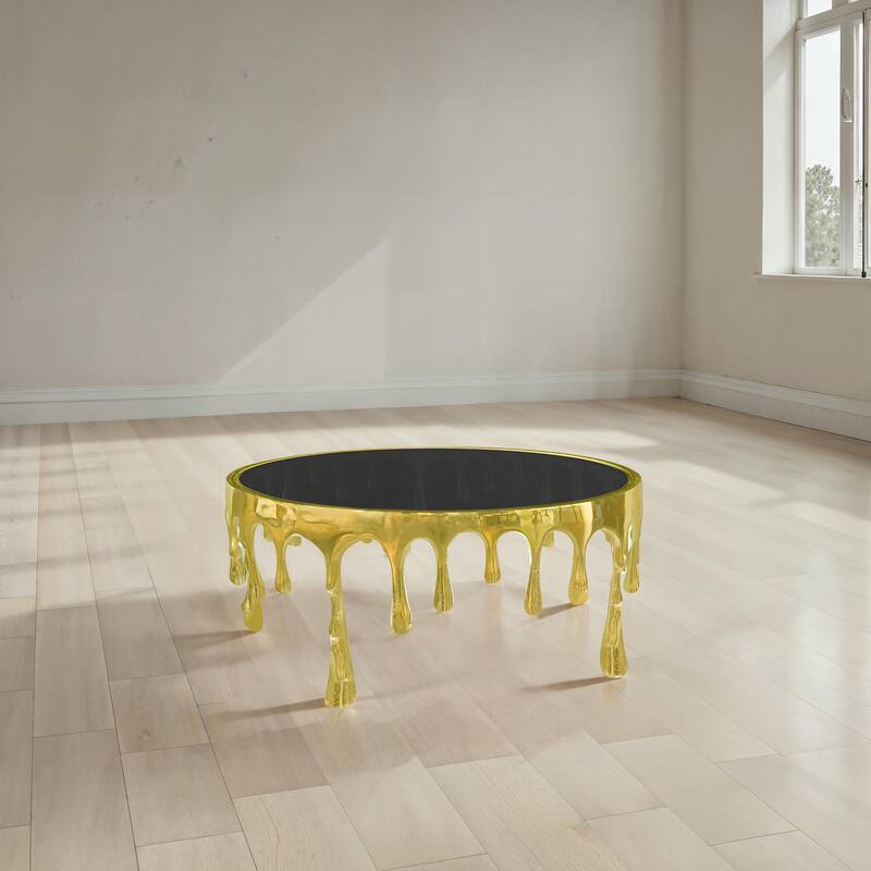 Capri Coffee Table, 36 Inch Round Glass Top, Melting Drip Design, Antique Gold