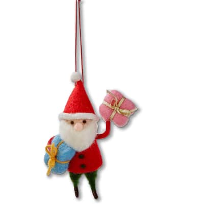 Santa With Presents Christmas Ornament - Multicolor Wool Tree Decoration - 3.5" L x 1.5" W x 5.25" H