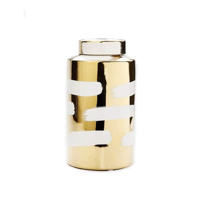 Gold Porcelain Jar With Cover White Brush Design - Large