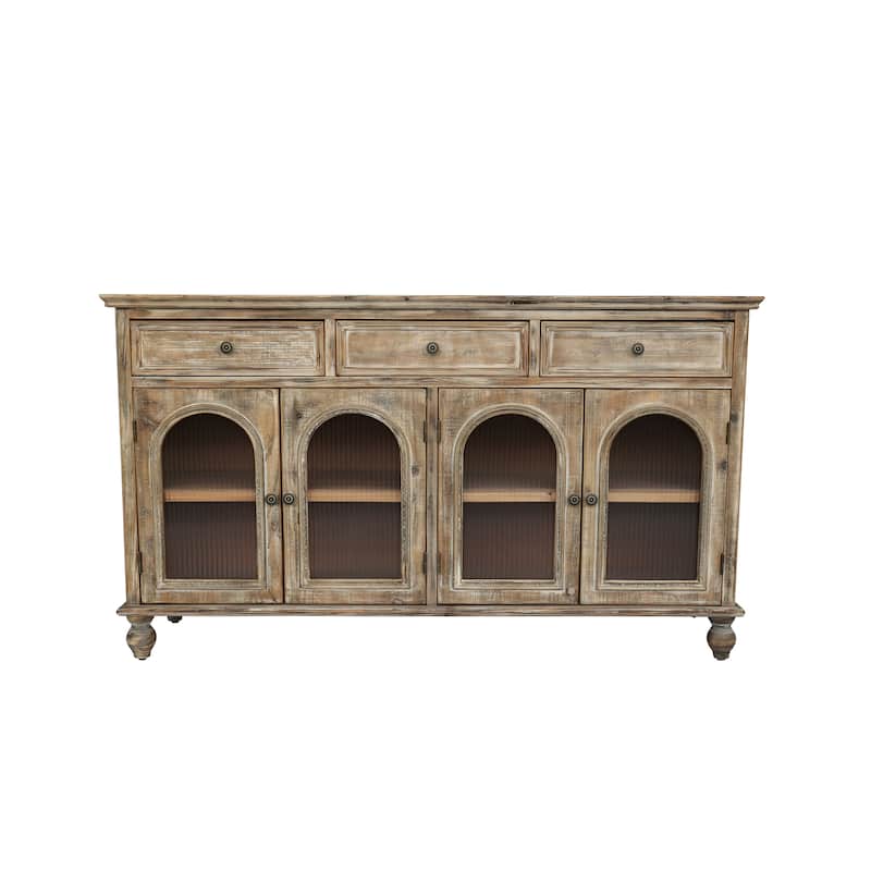 59.06"Farmhouse Sideboard Buffet Cabinet, Distressed Wood Credenza with 3 Drawers & 4 Glass Doors, Storage Cabinet with Shelves