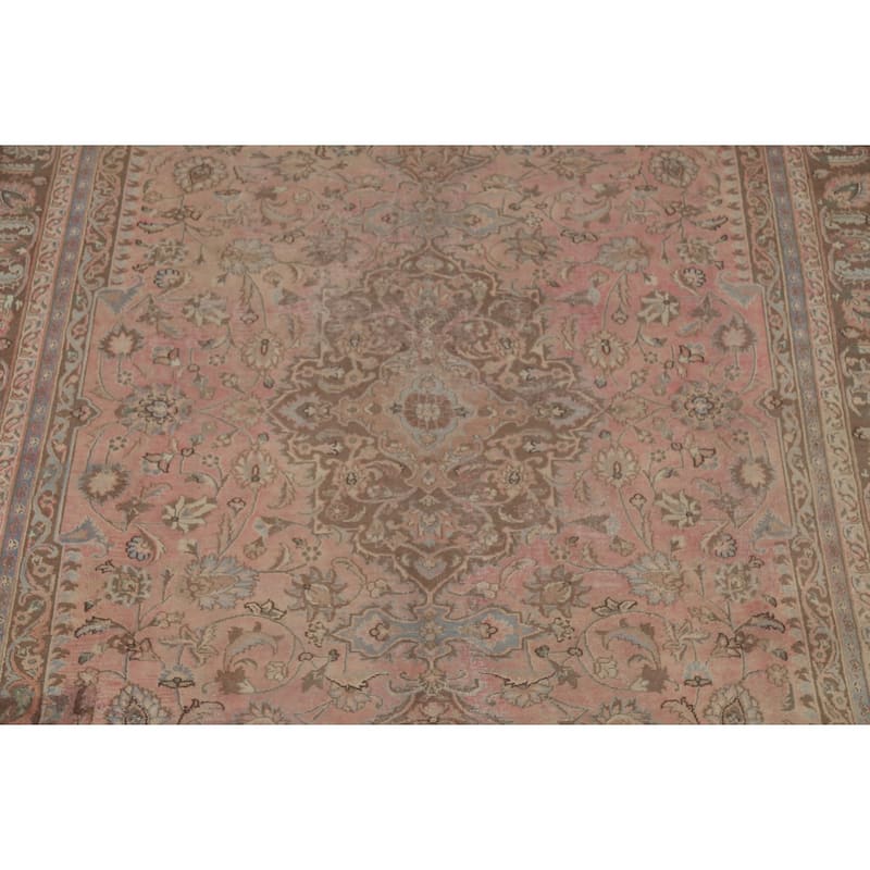 Traditional Pink Mashad Persian Vintage Rug Hand-Knotted Wool Carpet - 8'0"x 10'10"