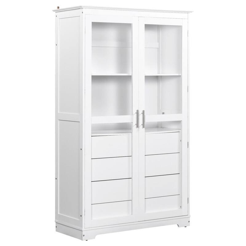 75" Tall Pine Wood Kitchen Pantry Cabinet with Glass Doors Four Drawers and Anti-Tipping Safety Features
