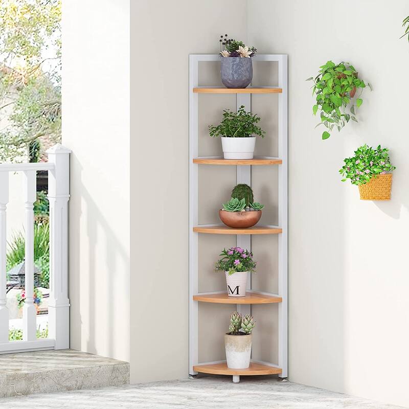 5 Tier Corner Shelves, Rustic Industrial Corner Bookshelf Bookcase