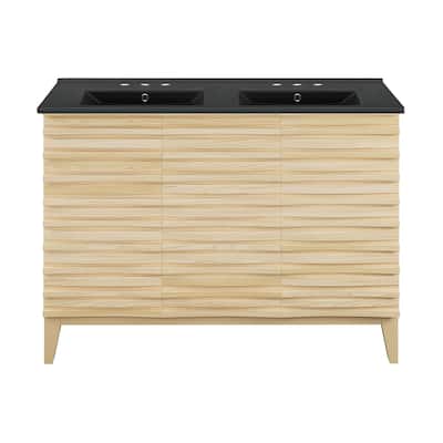 Cascade 48 In. Natural Oak, Double Basin Bathroom Vanity With Black, 3-Hole Ceramic Sink Top
