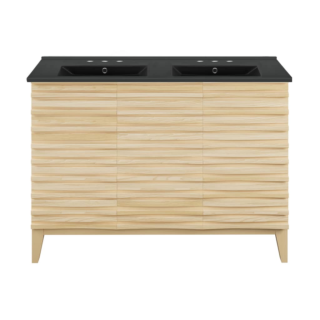 Cascade 48 In. Natural Oak, Double Basin Bathroom Vanity With Black, 3-Hole Ceramic Sink Top