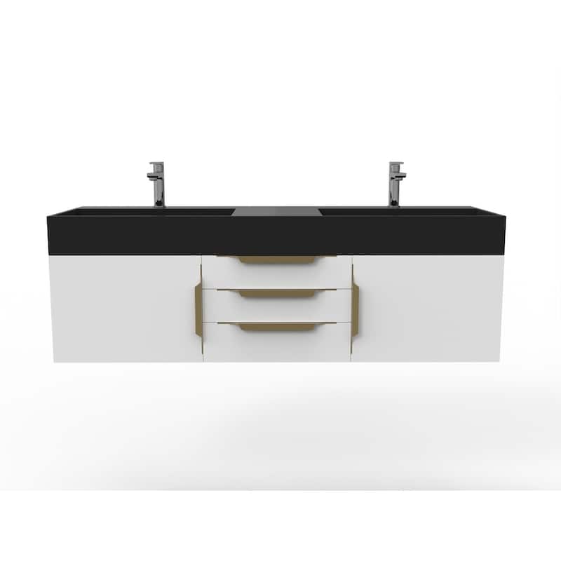 Amazon 60" Wall Mounted Bathroom Vanity Set w/ Black Top - White - Gold Finish