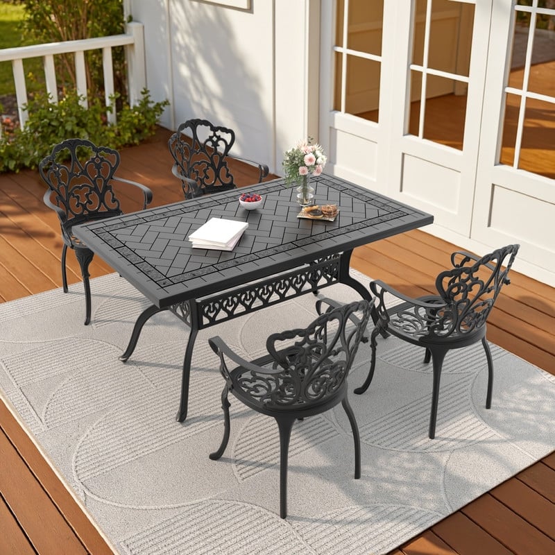 5/7-Piece Cast Aluminum Outdoor Dining Set with 59.06'' L X 35.43'' W Rectangular Table and Seat Cushions