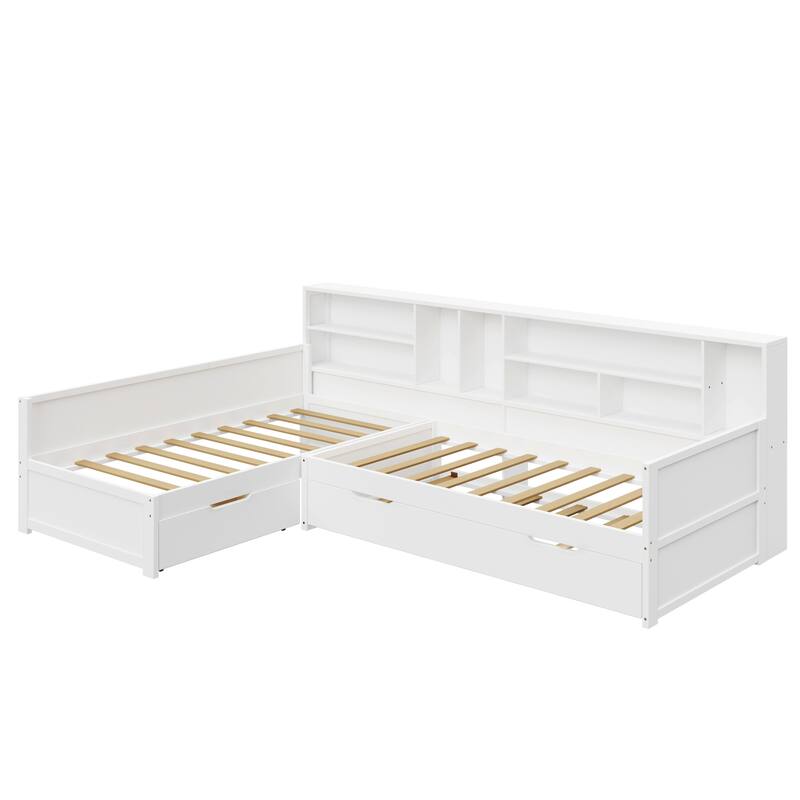3-in-1 Bookcases Daybed L Shape Corner Sofa Bed Frame Wood Captains Bed with Underbed Trundle and Storage Drawer, Space-Saving