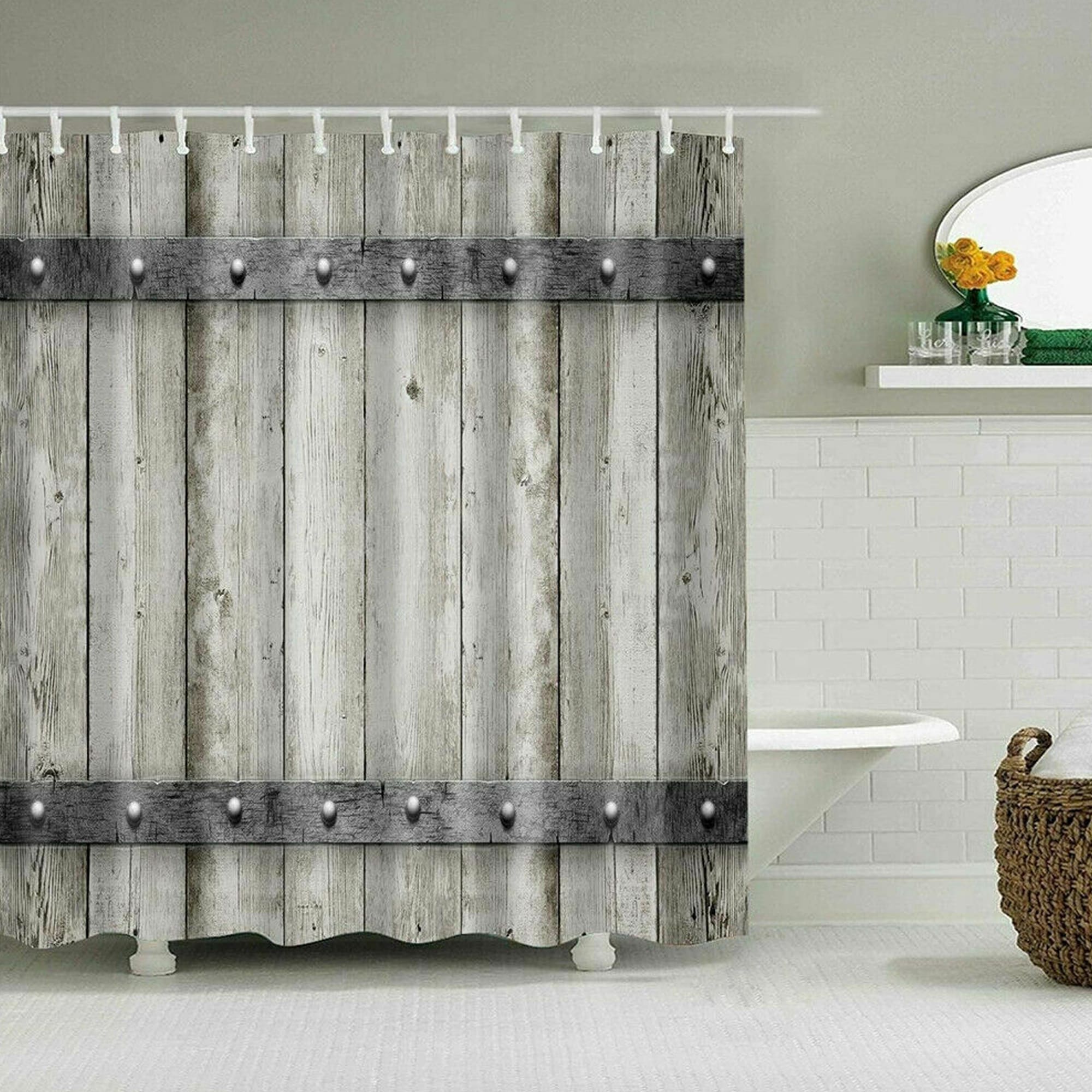 72X72'' Rustic Wooden Barn Door Shower Curtain Bathroom Decor Waterproof Fabric 