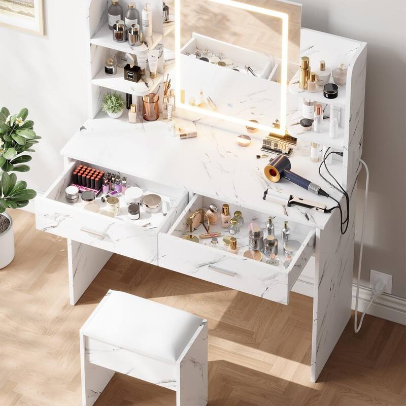 Makeup Vanity Set with Mirror, Stool， Charging Station， 2 Drawers, 6 Shelves