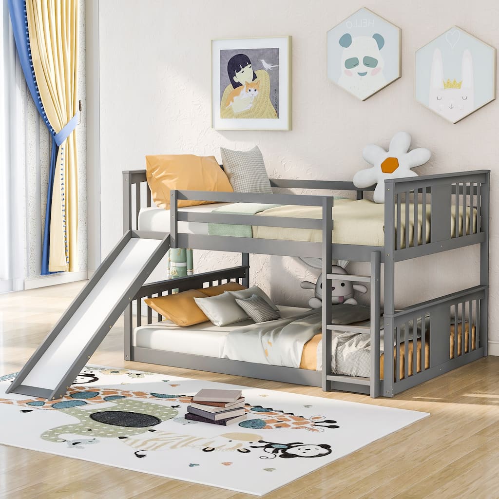 Full Over Full Bunk Bed with Ladder and Slide in Gray - Space Saving Twin Bunk Bed with Sturdy Pine Frame