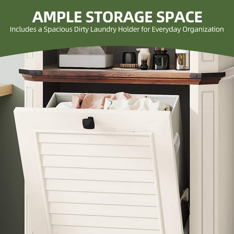 Moasis Farmhouse 4-Tier Storage Cabinet with Tilt Out Laundry Hamper and 2 Adjustable Shelves