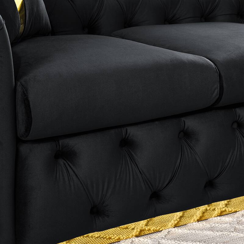 90.6" Velvet 3-Seater Sofa with 2 Pillows High-Density Cushions, Gold Accents, and Pillows