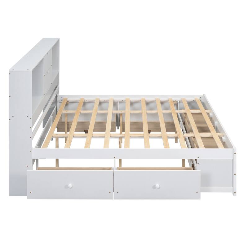 Modern Wooden Platform Bed with Storage Headboard & 8 Drawers