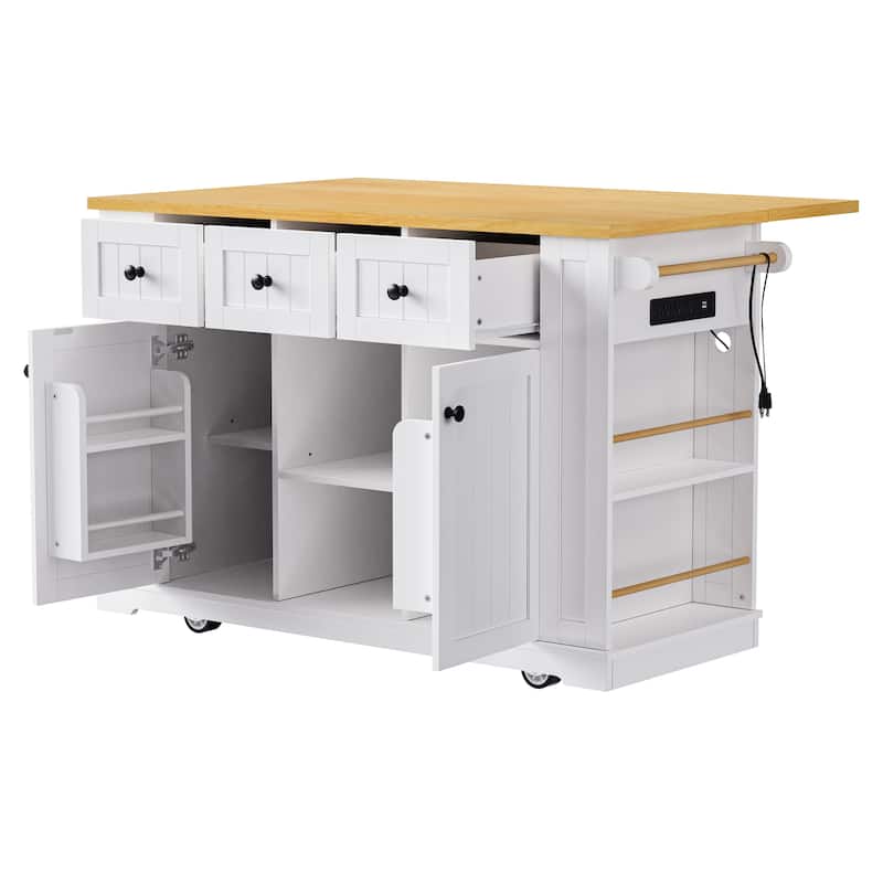 Kitchen Island on 5 Wheels with Drop Leaf, Kitchen Island Cart with Power Outlet, Movable Carts with Internal Storage Rack