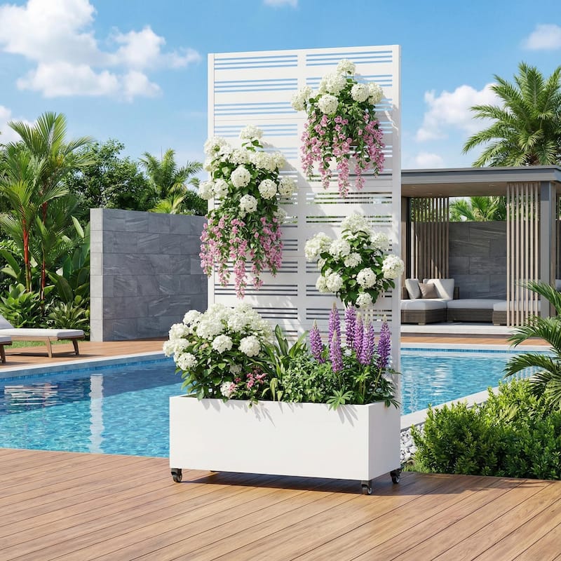 Outdoor Metal Galvanized Privacy Screen Planter Box with Trellis Lockable Wheels