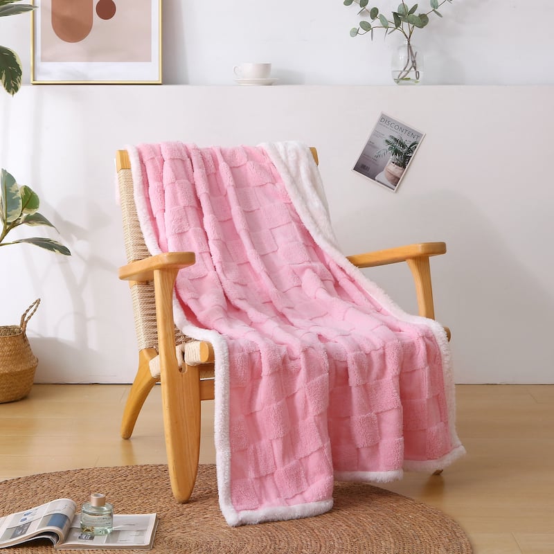 Jacquard Checkered Fluffy Flannel Fleece Blanket - Pink - 71"x79"